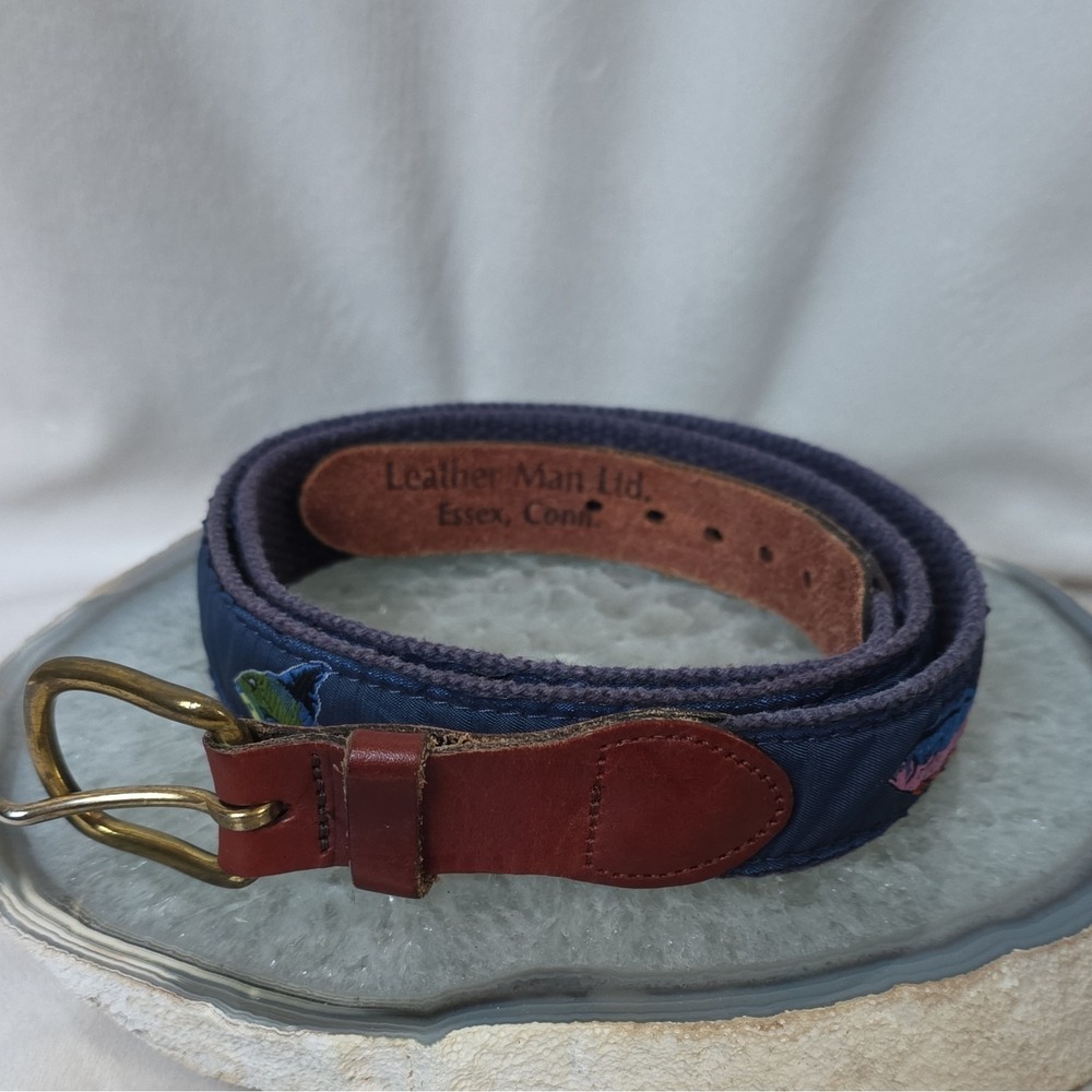 Vintage Mens Leather Man Ltd ribbon belt. Made in USA. Blue fish motif/Size 42
